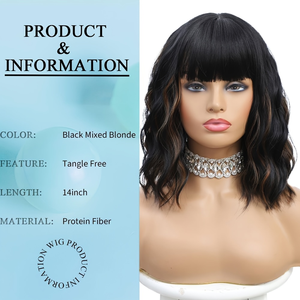 short wigs bangs 14 inch wavy curly bob wig - Temu display picture 2