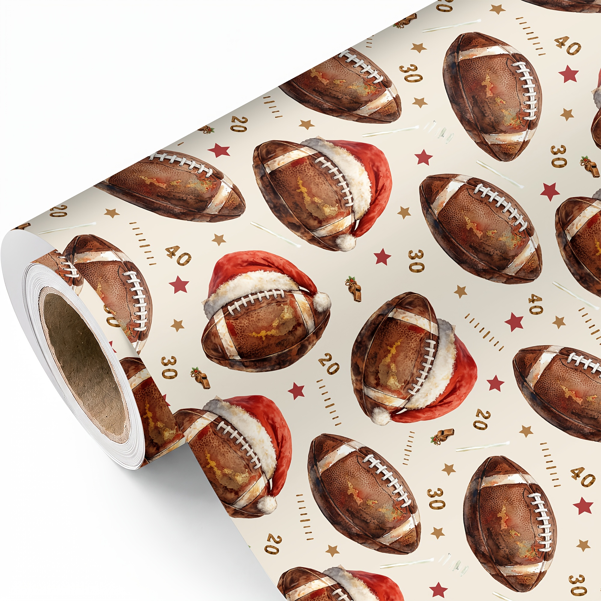 TEMU 1 Rouleau de - Rouleau Adapté pour Noël, Emballage Cadeau sur le Thème du Football avec Rétro de Ballon de Foot et d'Étoile avec Bonnet de Père