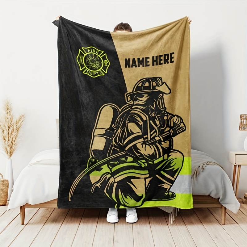 TEMU Customizable 1pc Creative Firefighter Pattern Printed Flannel Blanket, Personalized Soft And Warm Digital Printed Fleece Throw, Suitable For