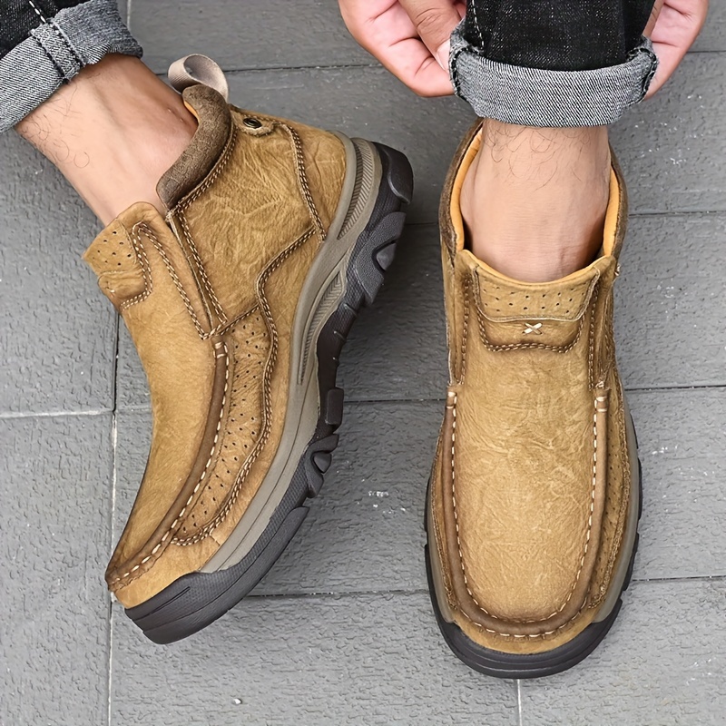 Herr höga läderloafers klassiska slip on vardagsskor för utomhusbruk, vandring, avslappnad klädsel, bekväm ovandel i äkta läder med halkfri gummisula, vardagsskor, slipon loafers, slitstarka gummisuladetaljer 7