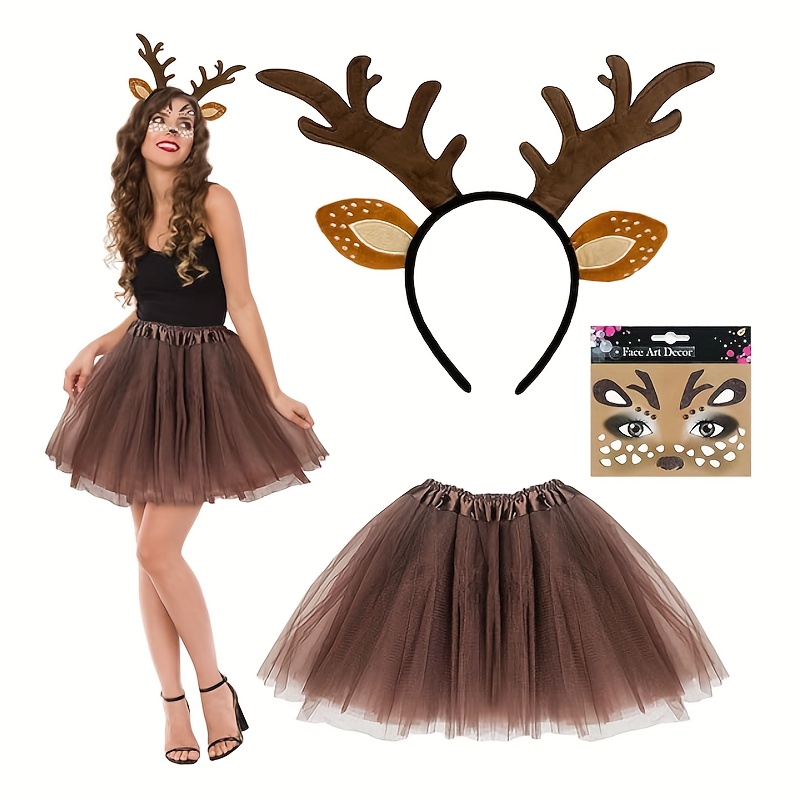 TEMU Reindeer Headband Women's Costume Accessory Set, Halloween Antler Set, Deer Ear Headband Stickers, Adult Graphic Skirt, Reindeer Tail, Reindeer