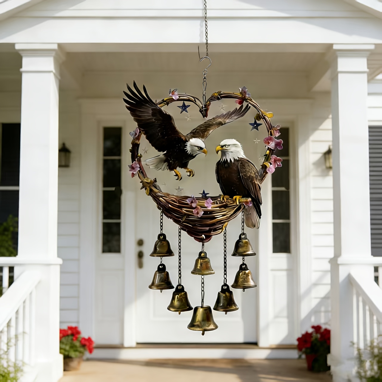 a large   patterned wind chime set with bells measures 8 inches wide x 15 8 inches long a hand assembled metal garden and yard decoration features 1 49 inch metal bells that produce a soothing wind chime sound durable iron hanging ornament