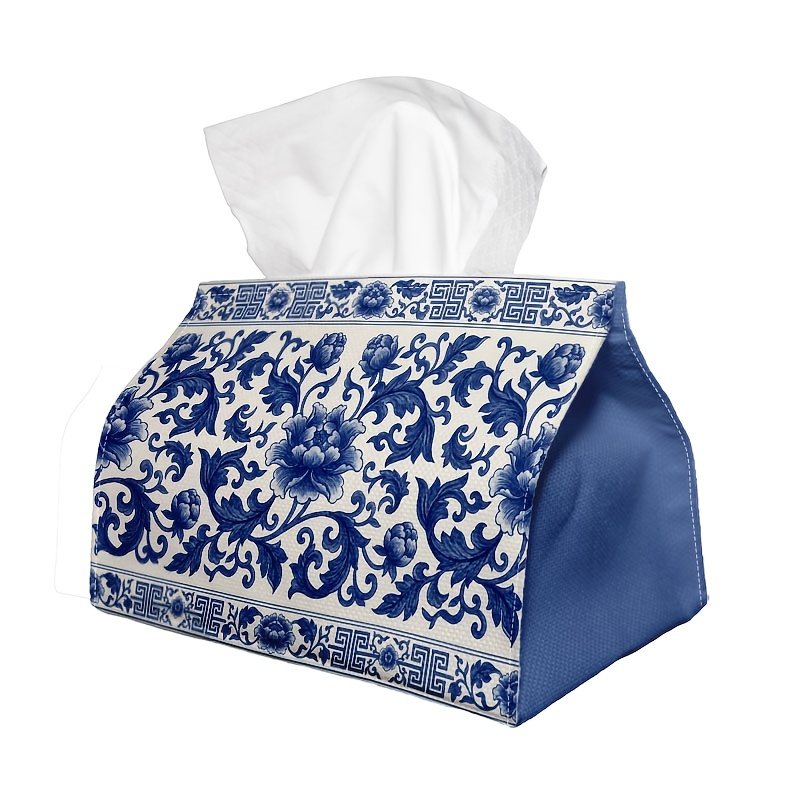 TEMU 1pc Chinoiserie Floral Motif Tissue Box | Multi-functional Napkin Dispenser, Suitable For Home, Parties, Car Decoration Blue - Decorative Tissue