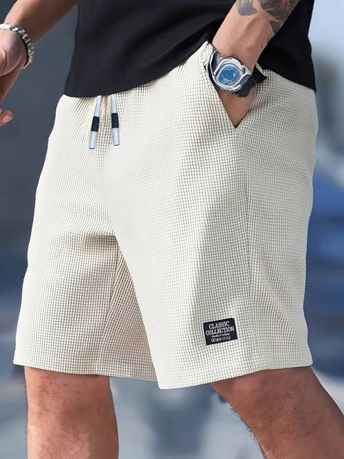 mens textured casual shorts with drawstring waist lightweight polyester fabric pockets for casual wear beach or outdoor activities drawstring waist shorts lightweight shorts