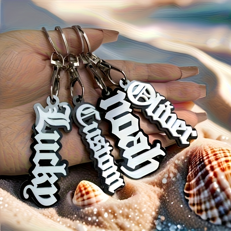 TEMU Personalized Custom Acrylic Letter Keychain - Self- Double-layer Nameplate, Black And White Gothic Letters, Alloy Ring Clasp, Elegant Holiday