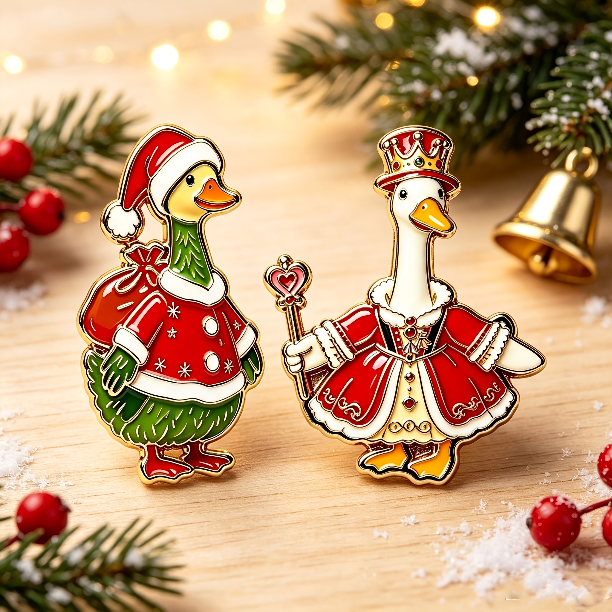 TEMU 2pcs Christmas Duck Dress-up Badges, Cute Cartoon Goose Badges, Holiday Gift Badges, Alloy Large Size Style, Animal-shaped Badges, Longest Side