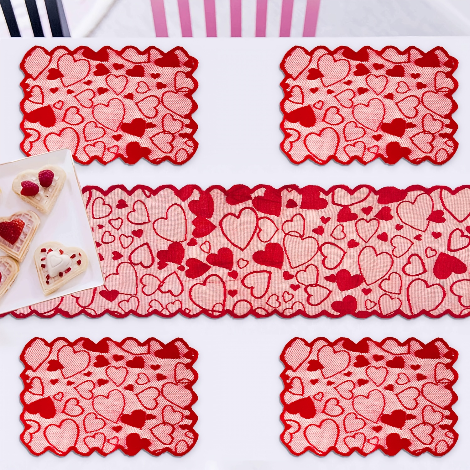 

1pc/5pcs Valentine's Day Heart Red Lace Table Flag Table Runner Set Home Decoration Anniversary Party Home Romantic Decoration Tablecloth Used For Wedding And Valentine's Day Decorations