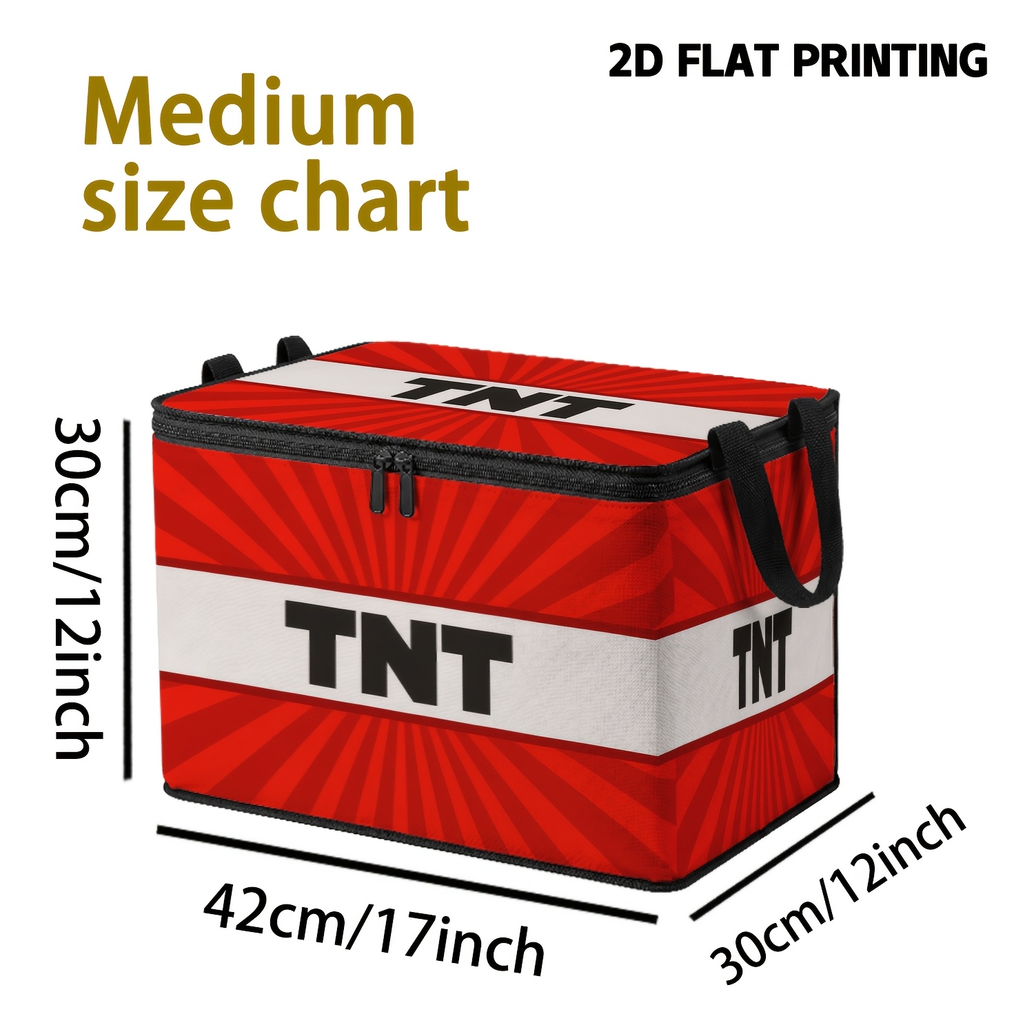 TEMU 1pc Red Tnt Letter Print Large Capacity Storage Box, Square Zipper Top Clothing Organizer, Black With Dual Handles Portable Design, Suitable For