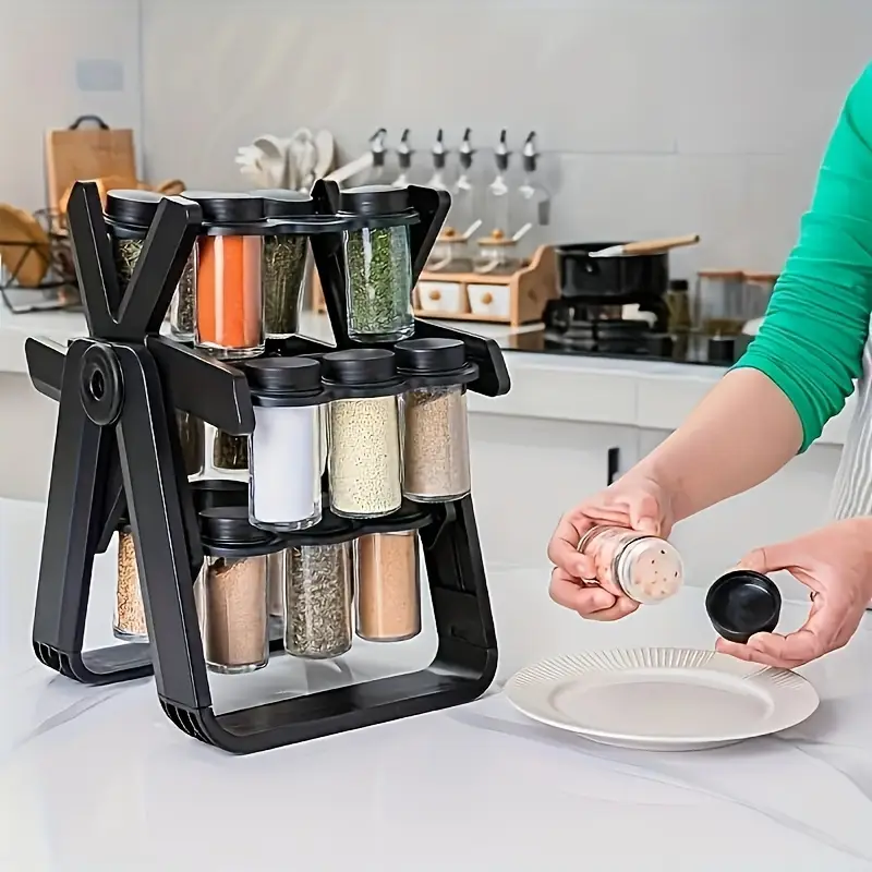 a new set featuring 18 spice jars with rotating spice rack designed for kitchen use this plastic spice bottle holder set offers organized storage with moisture proof and features home kitchen tools Product details 4