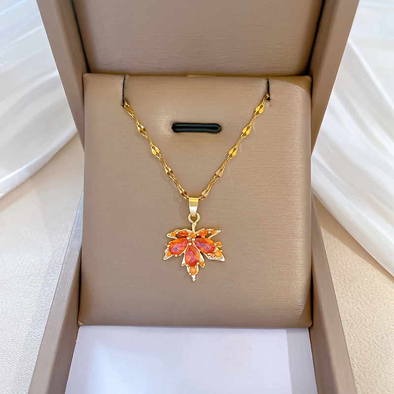 Image of Stainless Steel Gold-plated Maple Leaf Pendant Necklace Trendy Adjustable Chain Jewelry For Women And Men Wedding Party Gift