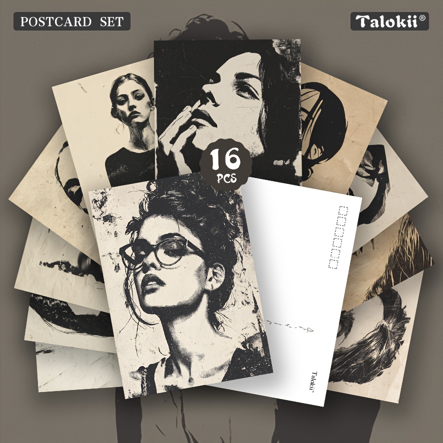 TEMU 16pcs Vintage Portrait Postcard Set, Ink Sketch Art Print Cards With Aged Paper Backgrounds, For Journaling Scrapbooking, Wall Art Decor,