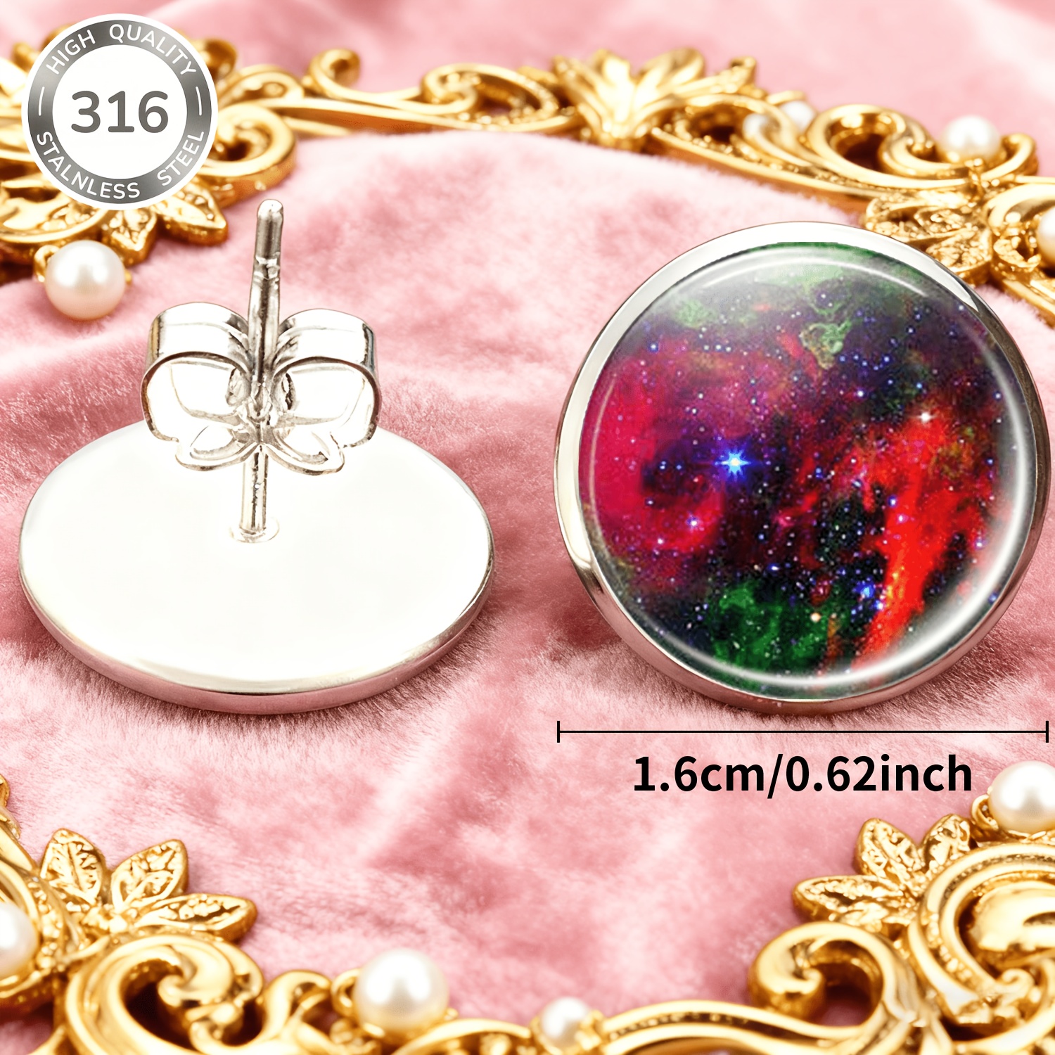 2pcs Set Stainless Steel Non-Piercing Earrings with Colorful Nebula Patterns