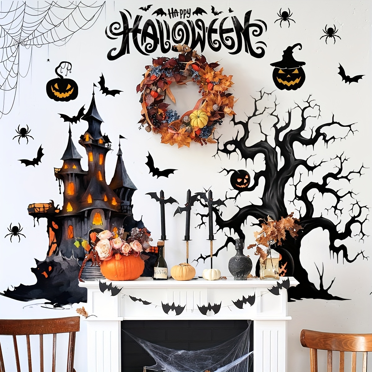 TEMU Spooky Halloween Wall Decals Featuring Haunted Houses, Window Stickers With Bats And , And Decorations For Your Living Room And Kitchen,