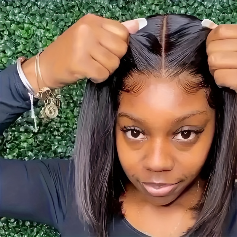 TEMU 4x4 Glueless Wigs Put On And Human Hair Wig Short Bob Wig Pre Pre Cut Lace Air Wig For Women 180% Density