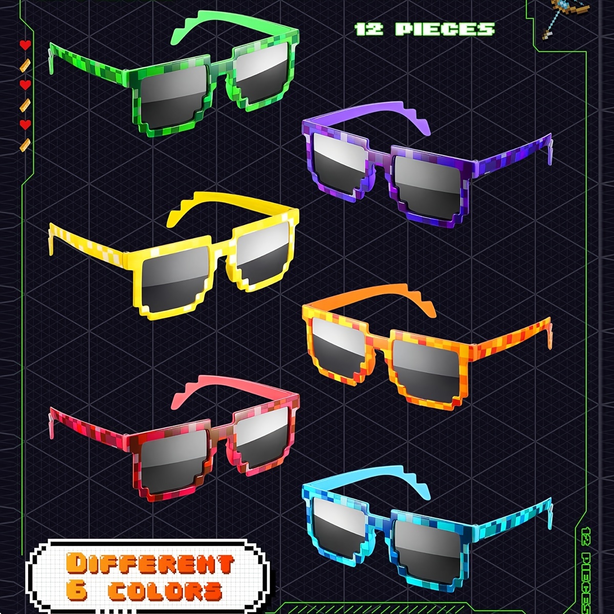 

12 Pack Pixel Glasses - Plastic Miner Theme Party Favors - Pixelated Design Glasses For Gaming Parties & Birthdays - Photo Booth Props Without Feathers, General Fit