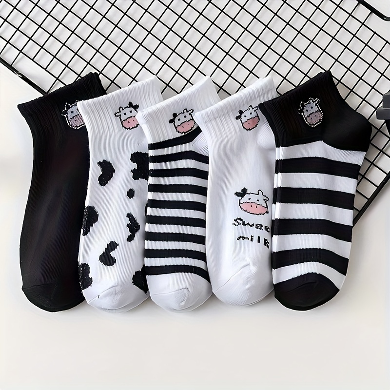 

Women's Elegant Polyester Ankle Socks 5-pack - Cartoon Cow And Patterns, Rib-knit, Short Style, Hand Washable - Casual