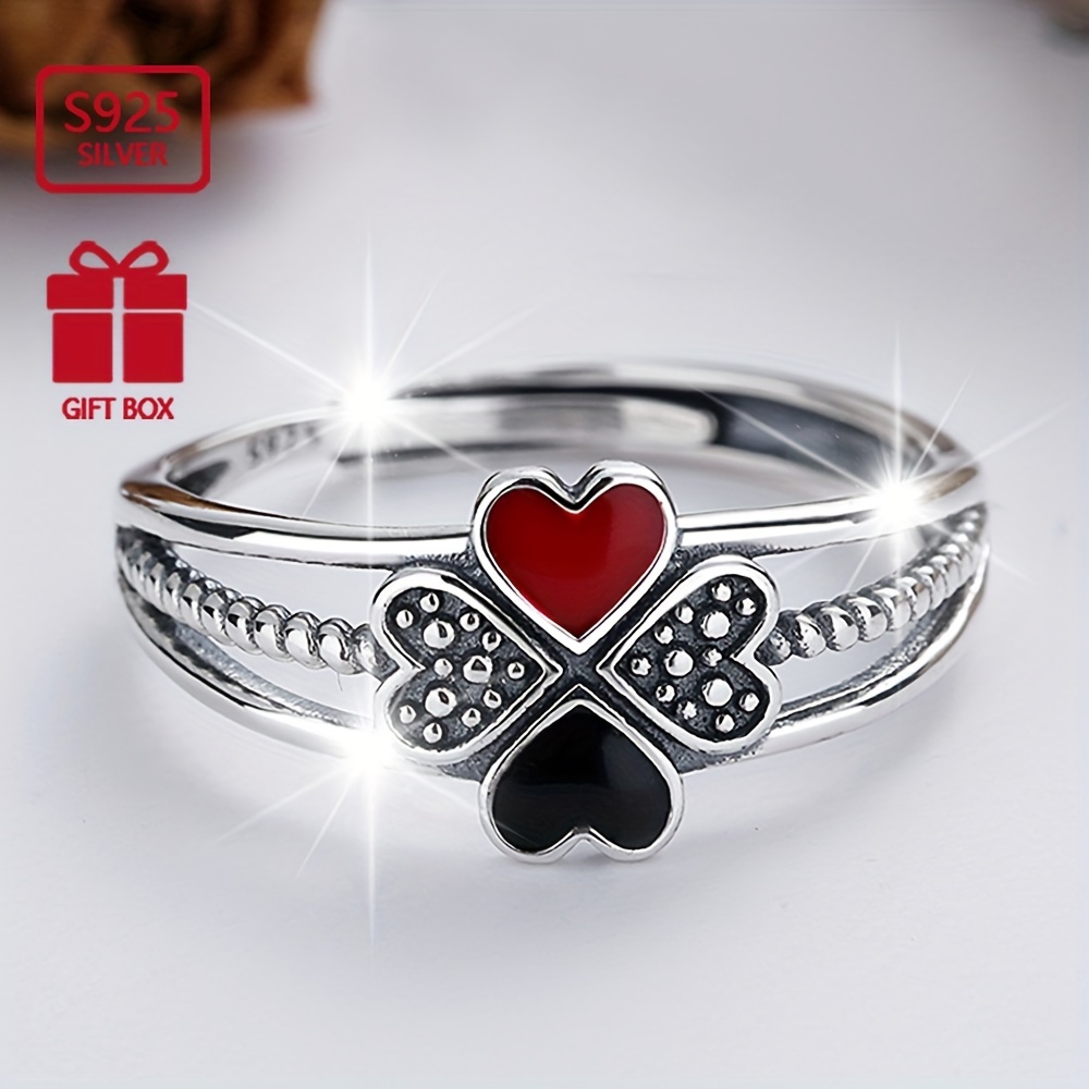 

1pc S925 Sterling Silver Enamel Love Heart Four-leaf Clover Ring Trendy Ladies Index Finger Ring Suitable For Travel Party Wear 2.3g/0.08oz