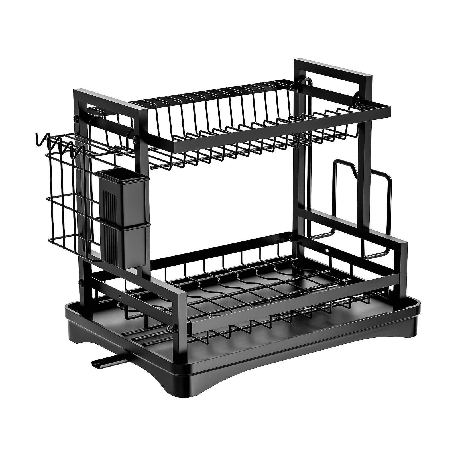 TEMU 2-tier Dish Draining Rack, Space- Cutlery Holder With , Retractableand And Nozzle Rotated 360Â°, Black, Suitable For Apartment Kitchen Counter