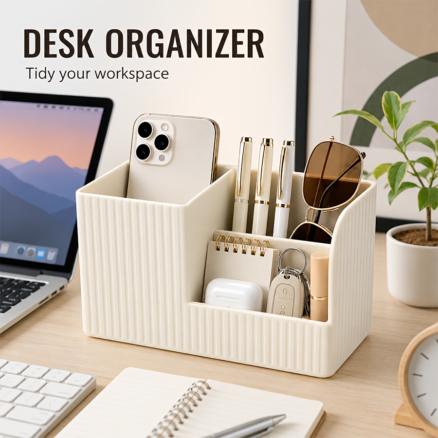 TEMU Multi-compartment Desktop Organizer, Vertical Striped Desktop Storage Rack, Pen Holder And Cosmetic Organizer, Suitable For Office And Vanity,