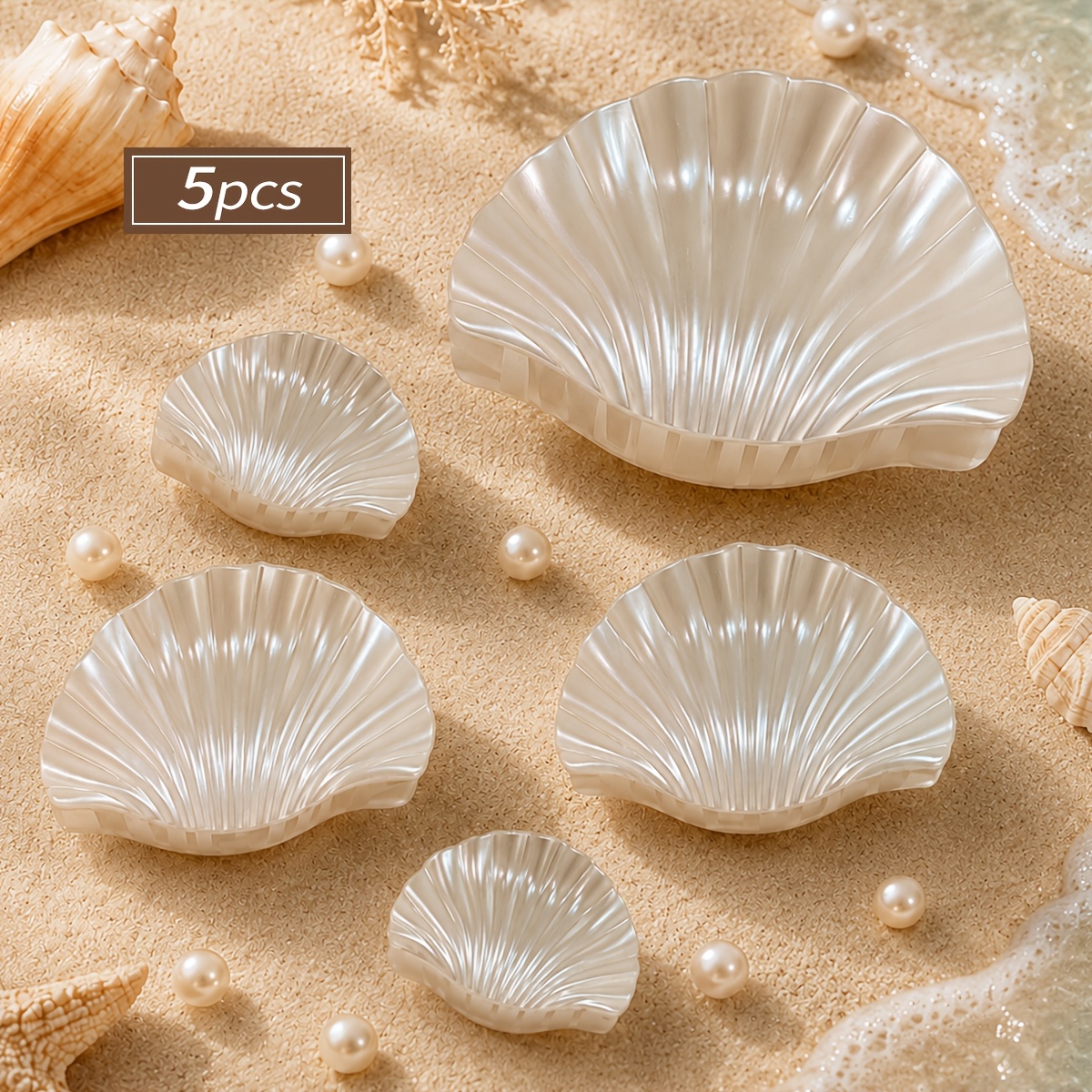 TEMU 5pcs Women's Pearlescent Shell Hair Clips, Creamy White Scallop Shark Clips Gentle Style Back Of Head Updo Hairpins, Summer Beach Vacation Half