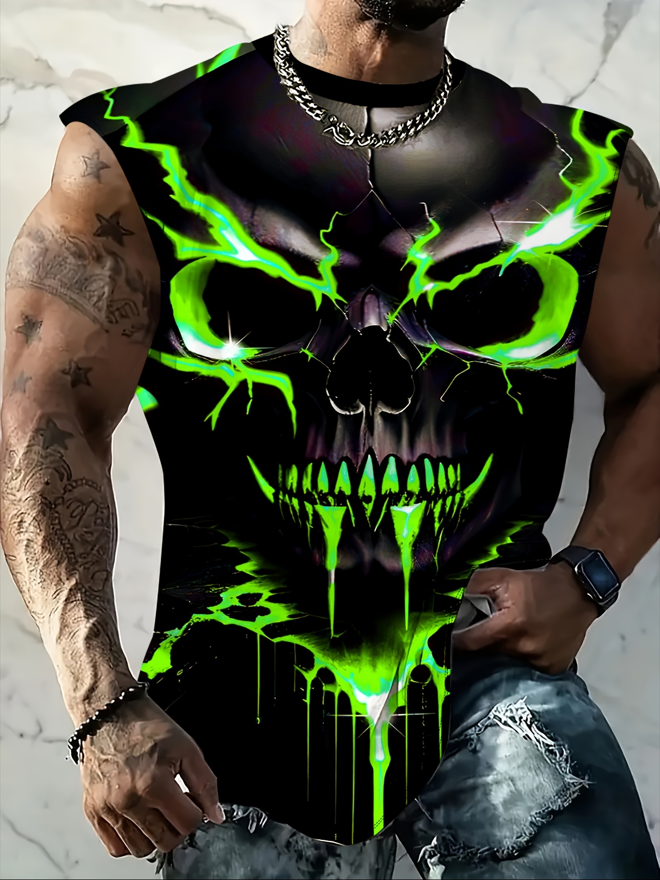 Men'S Plus Size Skull Graphic Print Tank Top - Breathable Sleeveless Workout Shirt for Gym, Basketball & Summer Training, Casual Round Neck Design, Gym Tank Top, PLUS SIZE