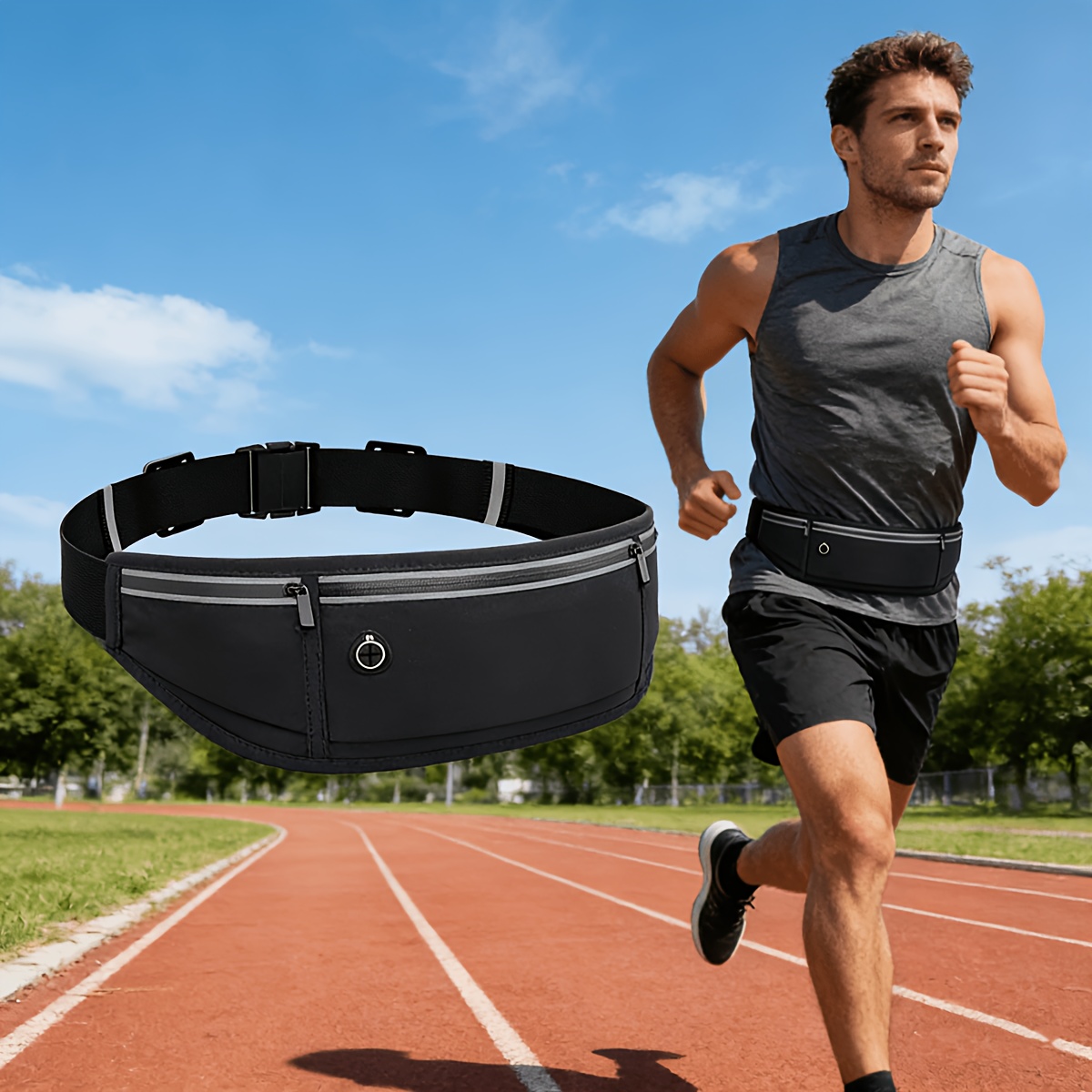 TEMU Sac banane de course unisexe réglable avec bandes réfléchissantes | Pochette de ceinture de sport à fermeture éclair sécurisée, convient pour de
