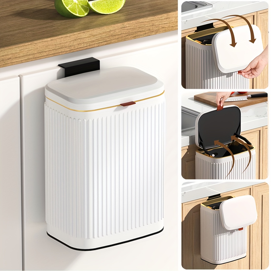TEMU Hanging Trash Bin With Lid, 8 Liter Stainless Steel For Cupboard Or Under Sink, Wall Mounted Kitchen Compost Bin Wastebasket For Bedroom,