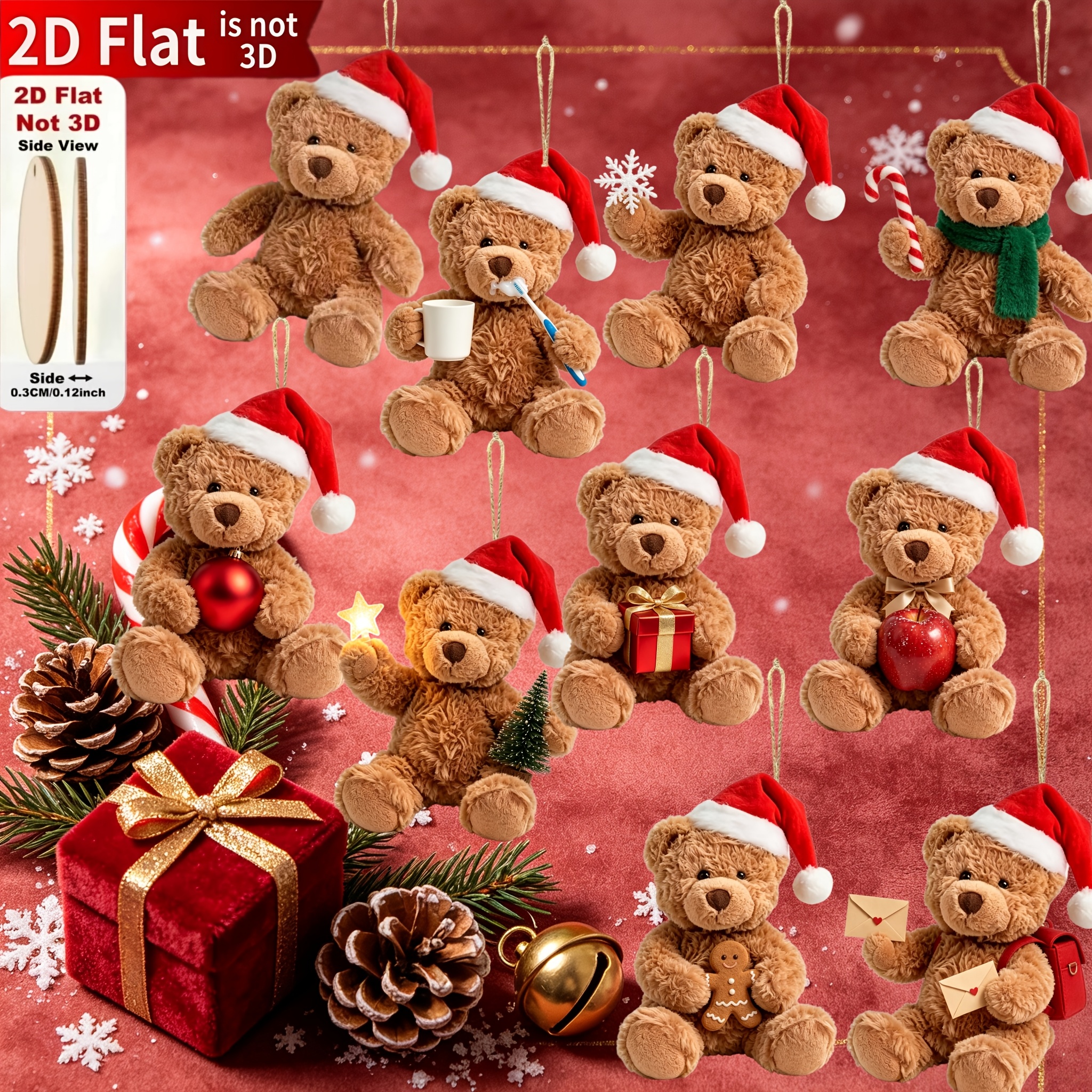 TEMU Decorazioni natalizie in legno 2D piatto, di peluche, 10 pezzi, elementi classici per le feste stampati a forma di, scelta per decorazioni e