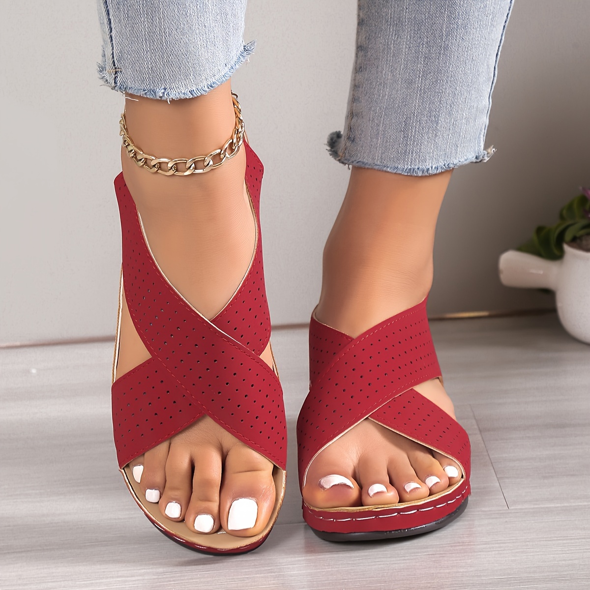 solid color stylish sandals crisscross straps women s soft details 3