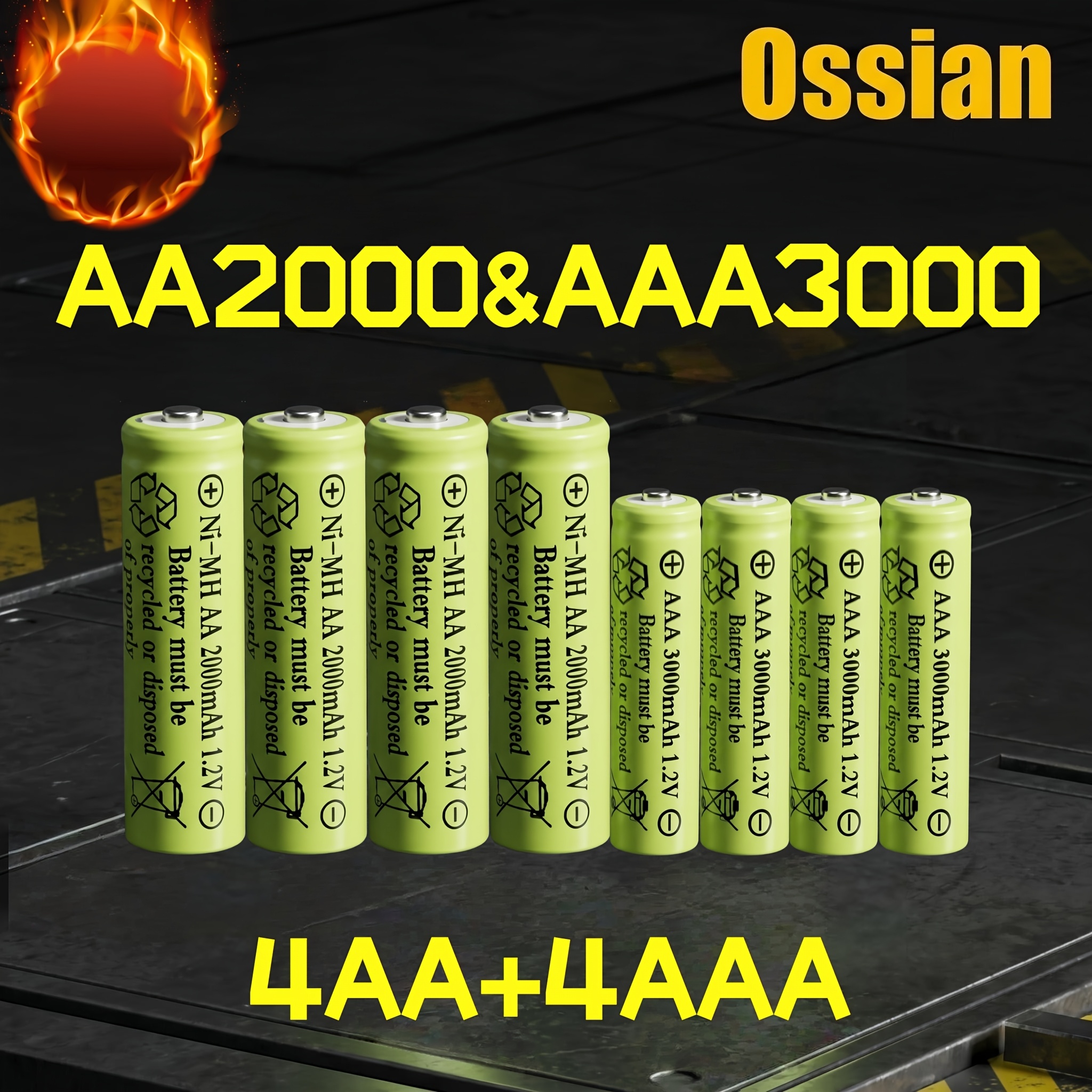 TEMU Ossian Lot de 8 piles rechargeables NiMH 1,2 V (4 AA + 4 AAA) AA 2000 mAh AAA 3000 mAh, cellules haute capacité , compatibles avec télécommande