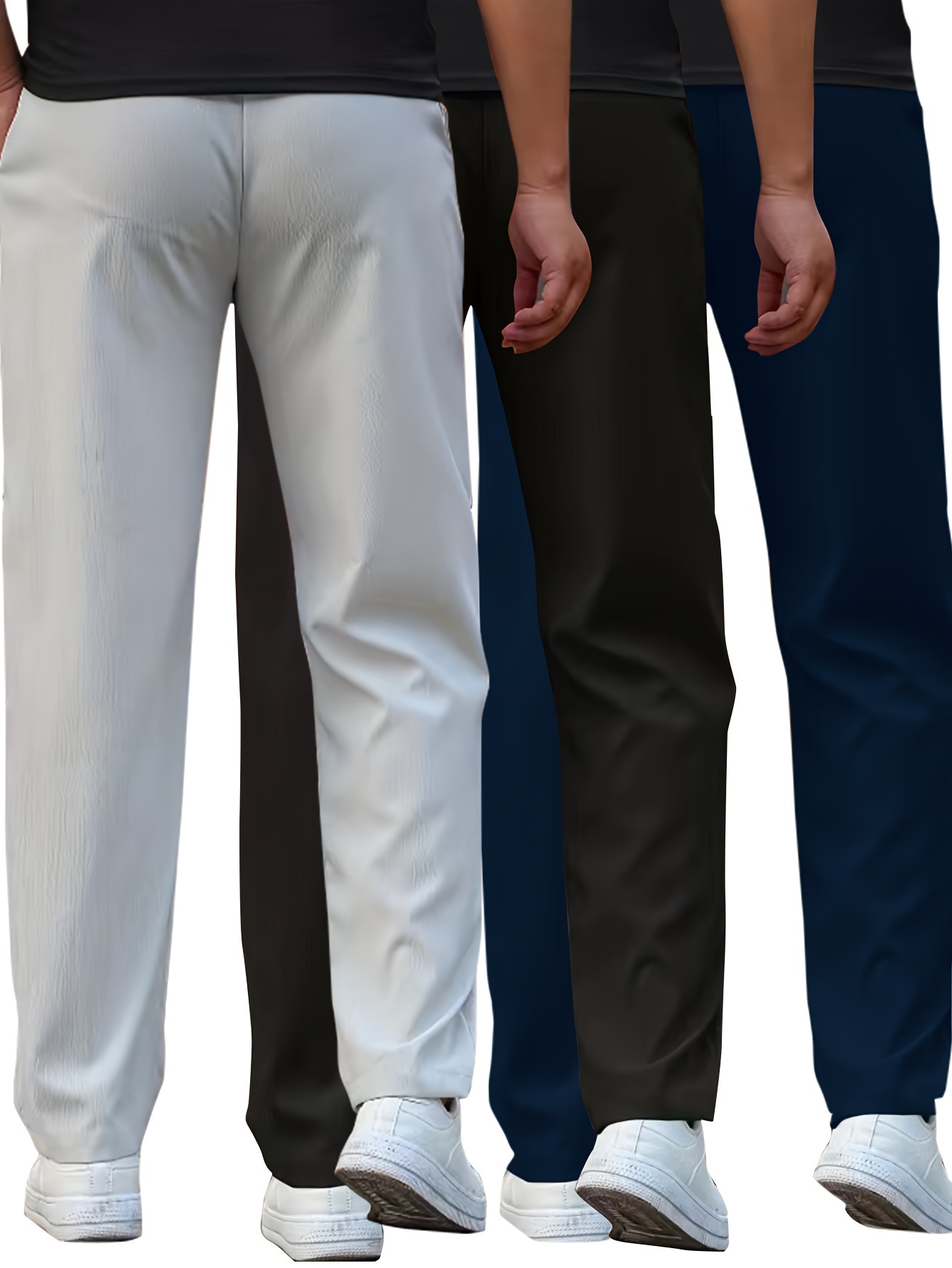 3pcs mens lightweight casual pants straight leg drawstring waist solid color black gray summer workwear machine washable details 6