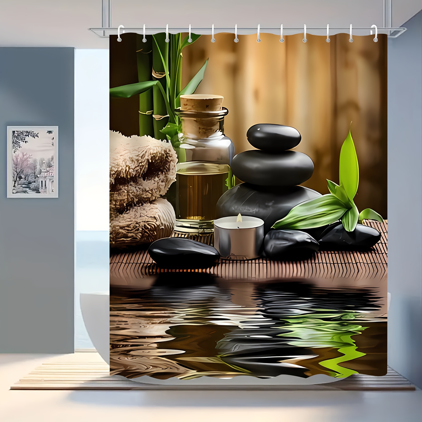 

1pc, Zen Stone Pattern Shower Curtain, Polyester Fabric Bathroom Decor With 12 Hooks, Waterproof Machine Washable Bath Tub Curtain For Home Decor, Available In Multiple Sizes
