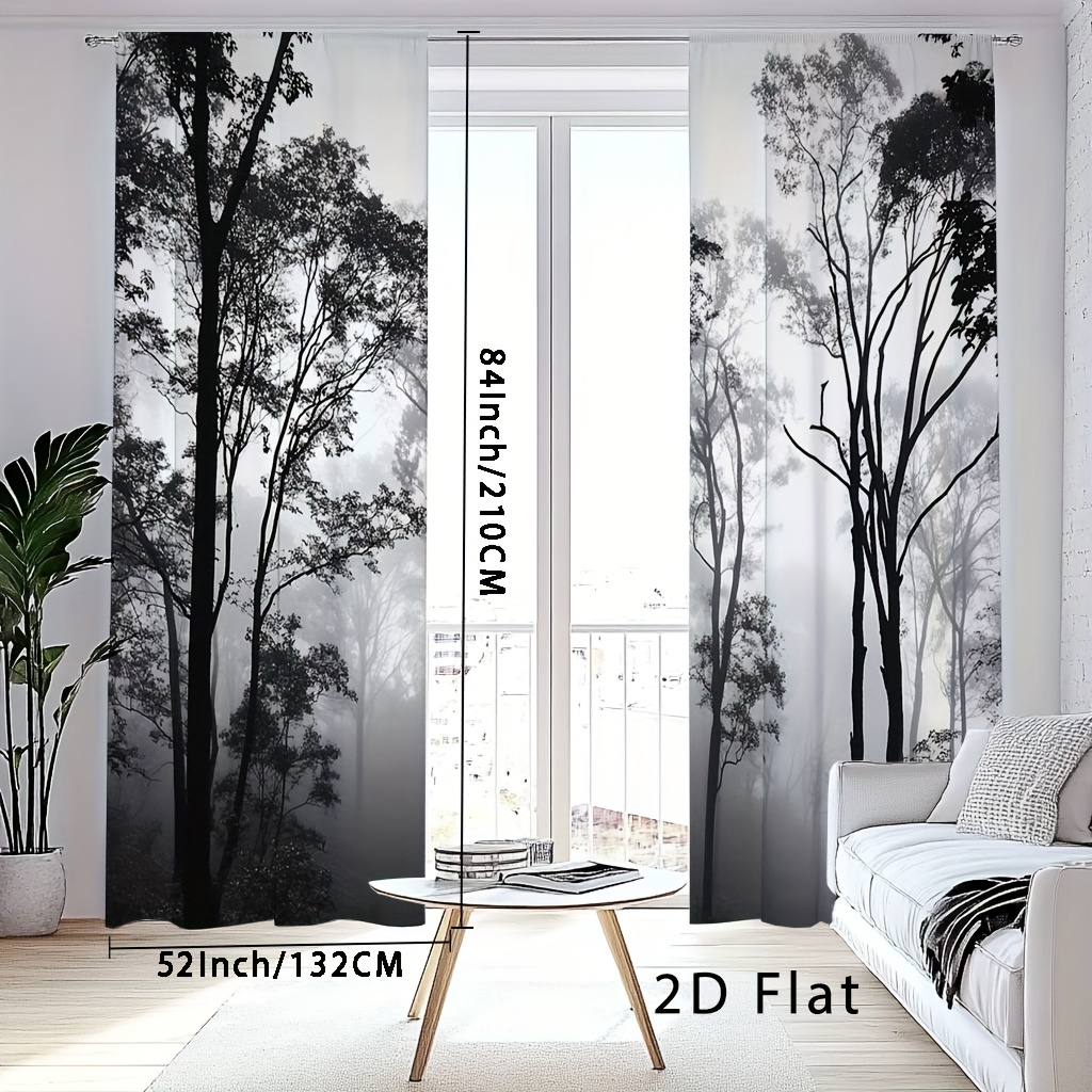 TEMU 2d Flat, 2pcs, 2d Flat Forest Themed Black And White Wood Mist Pattern Printed Curtains, Room Dividing Curtains, Blackout Curtains 63 Inch