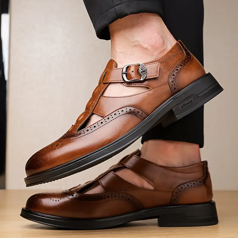 mens stylish perforated wingtip sandals casual slip on loafers with straps brown breathable design for casual attire versatile loafers fashionable sandals polished Product details 9