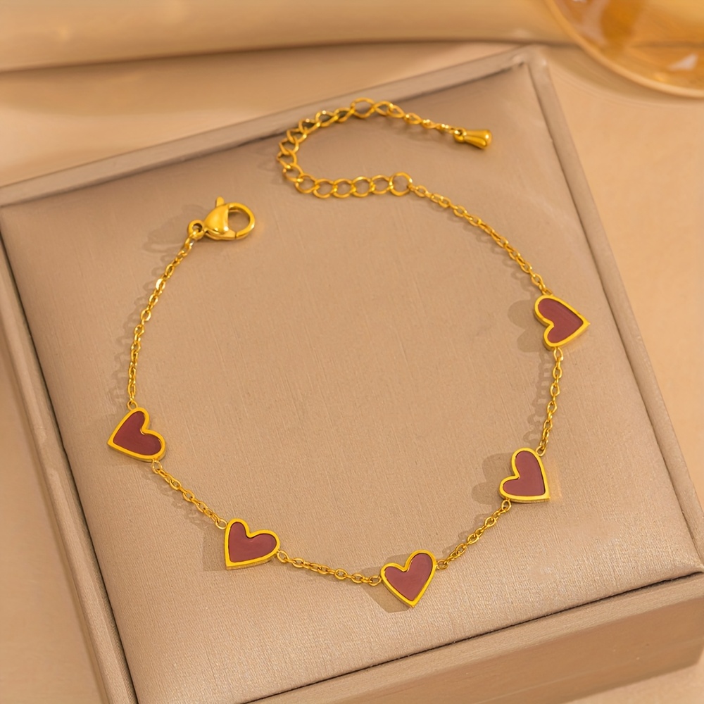 TEMU 1pc 18k Golden Plated-plated 304 Stainless Steel Interlocking Heart Charm Bracelet - (pink, Blue, Green, Turquoise, Black, White, Brown) Heart