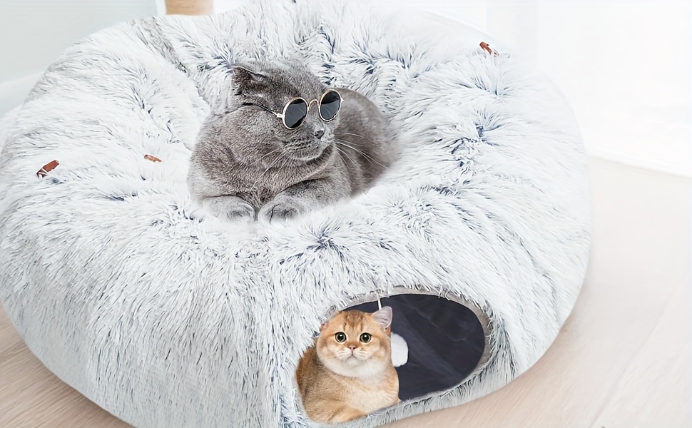 1pc Cozy Plush Cat Tunnel Bed with Playful Toy Balls - Soft, Fluffy Hideaway for Indoor Cats & Small Pets, Easy-Clean & Detachable, Large Donut Circle Design with Secure Zipper Closure, Cat Play Tunnel|Donutshaped Bed|Fluffy Texture, Cat Bed