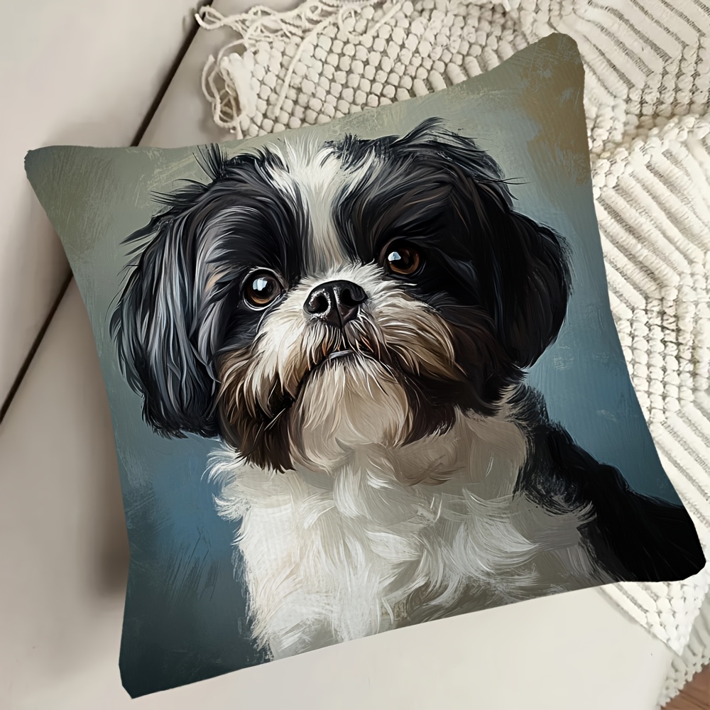 1pc 2d flat printing non real embroidery cute shih tzu dog double sided printed short plush pillow cover suitable for sofa living room bedroom no pillow corelkj1654 Product details 6