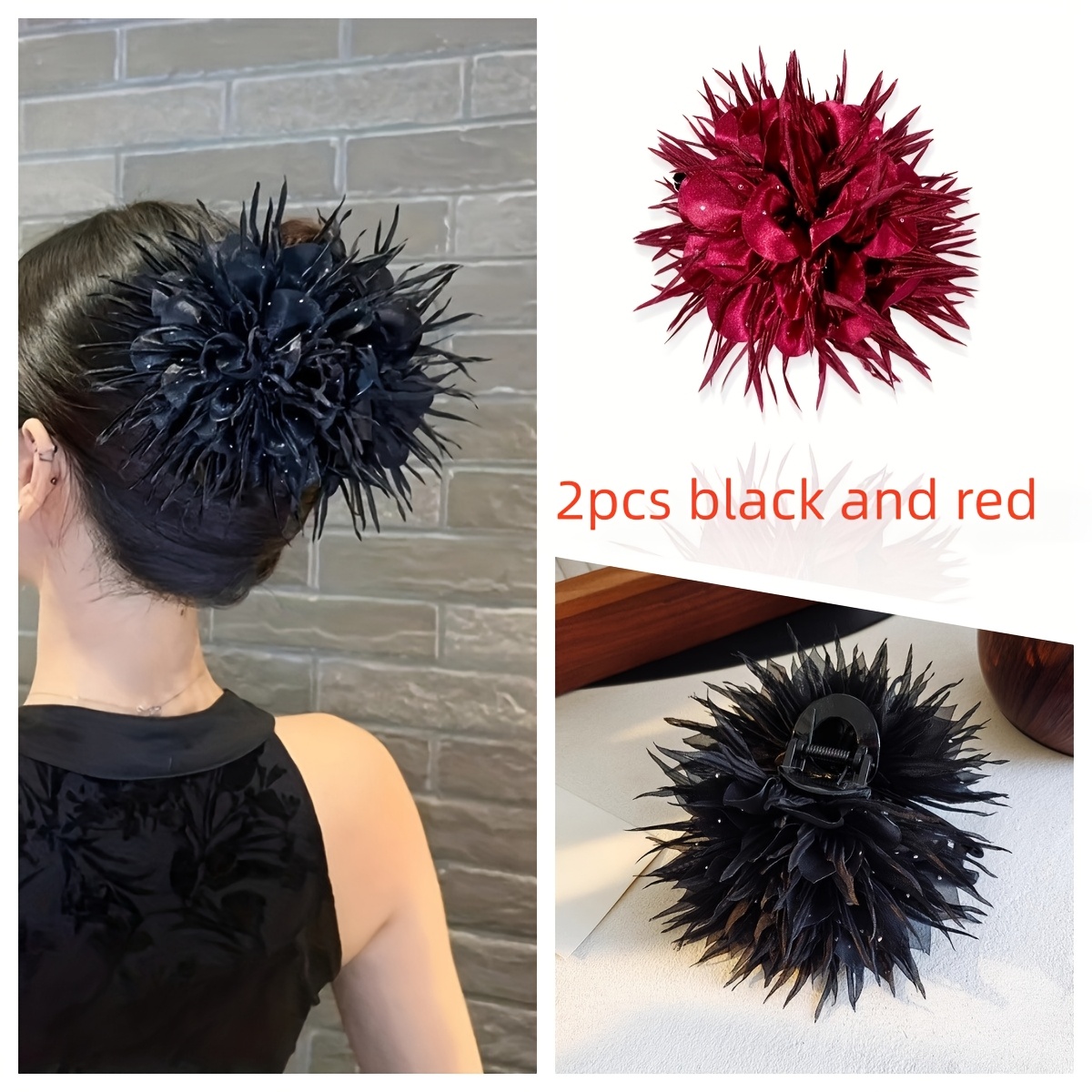 TEMU 2pcs Black And Simulation Hydrangea Large Acrylic Hair Claw Clip, Women's Fashion Bohemian Style Hydrangea Flower Bun Hair Clip, Shark Clip,