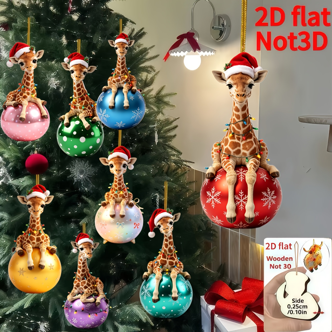 TEMU 2d Flat, 8pcs Set, 2d Embossed Wooden Material Home Hanging Ornaments, Christmas, Mother's Day, Father's Day, Giraffe Pattern Lying On Christmas