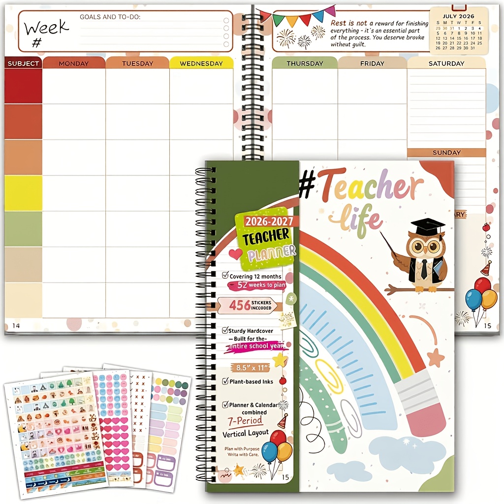 TEMU Teacher Planner 2026-2027, 10.8"x8.4" Academic Book With 456 Stickers, Organizer, Hardcover Spiral Notebook For School Supplies