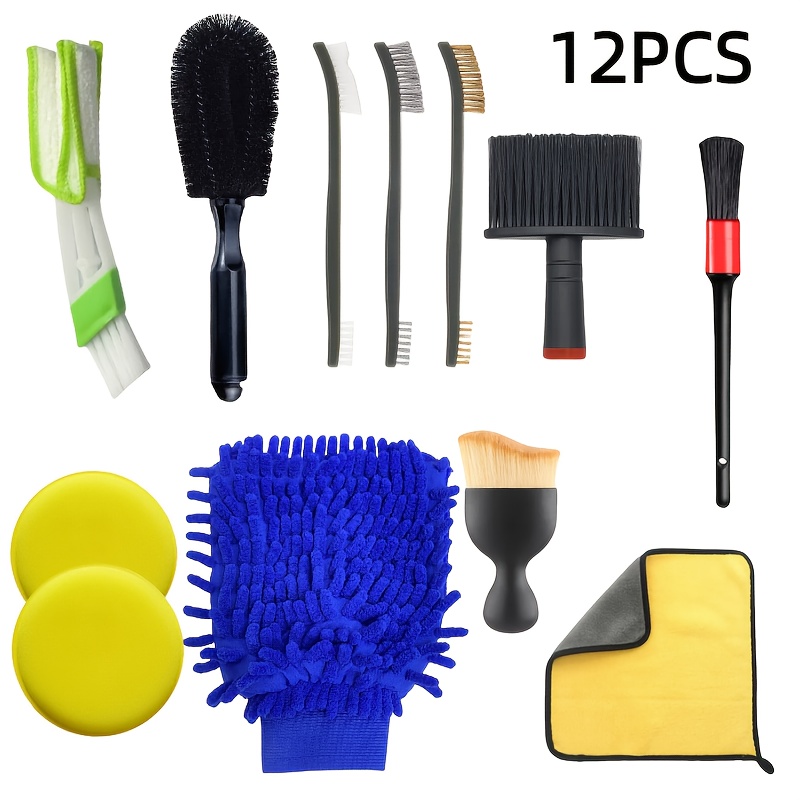 TEMU 12pcs Car Detail Cleaning Tool Set Chenille Car Wash Gloves, Brush, Long And Short Cleaning Brush, Dust Brush, Waxing Sponge Car Wash Towel,