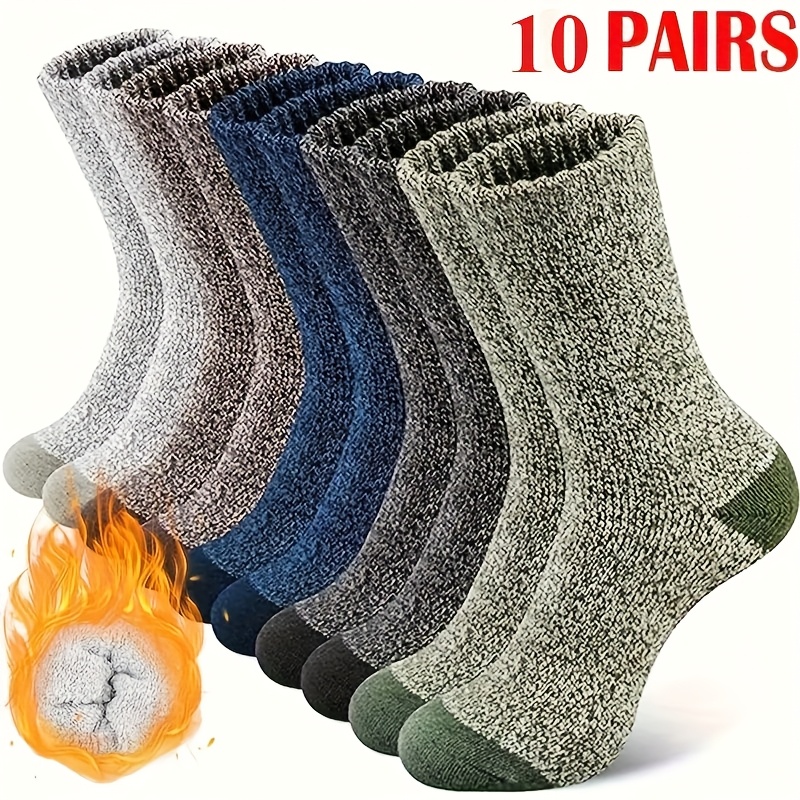 10-pair Winter Thermal Knitted Socks, Unisex, Fabric, Moisture-wicking, Elastic Cuff, Breathable Solid Color Hiking Socks