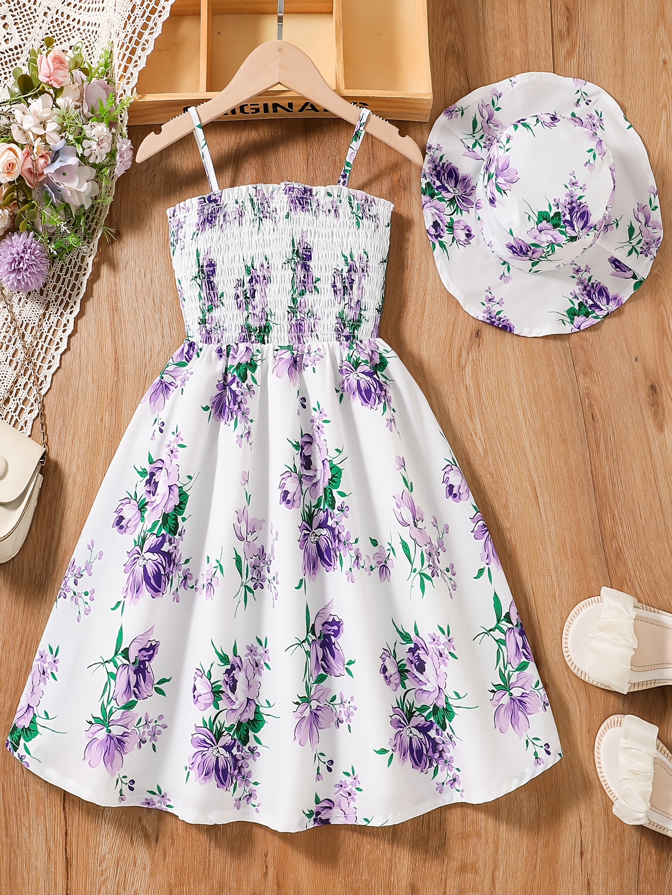 New Summer Dress for Girls, Featuring a Stylish White And Purple Floral  Print Vacations with a Fitted Waist And Accompanied