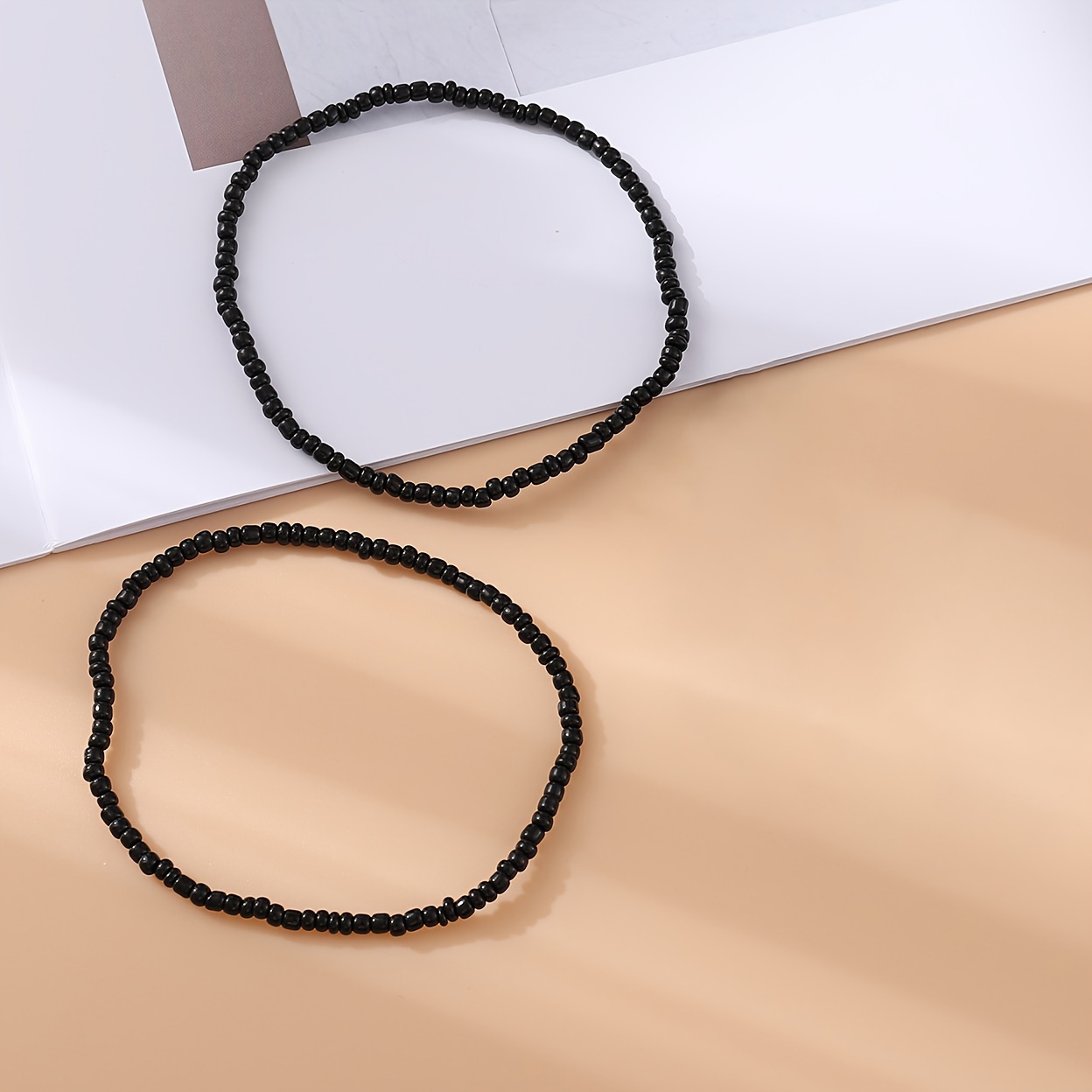 2pcs Black Mini Rice Beads Anklet Set, Boho Style