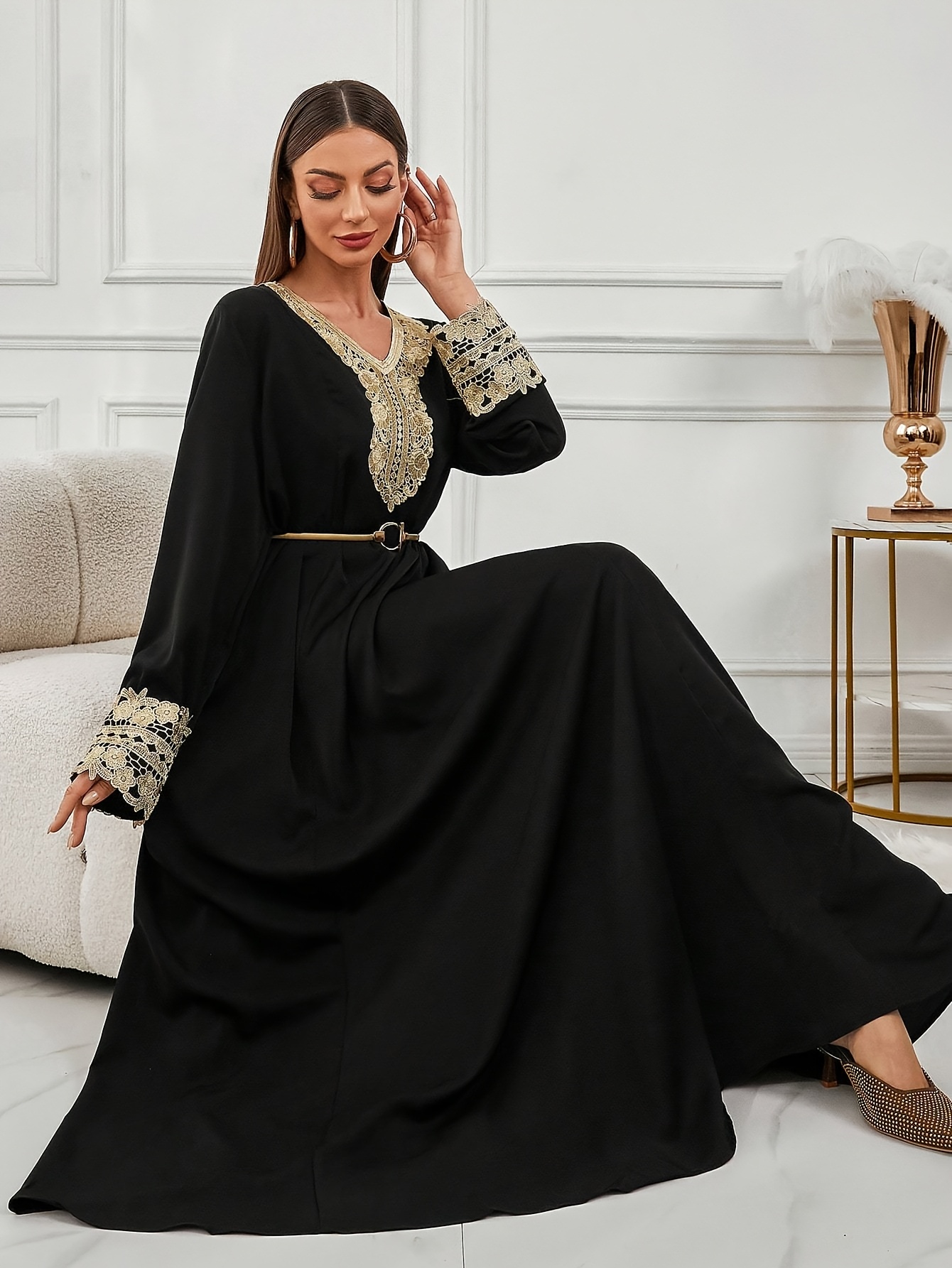 elegante zwarte kaftan jurk met v hals en lange mouwen voor Temu