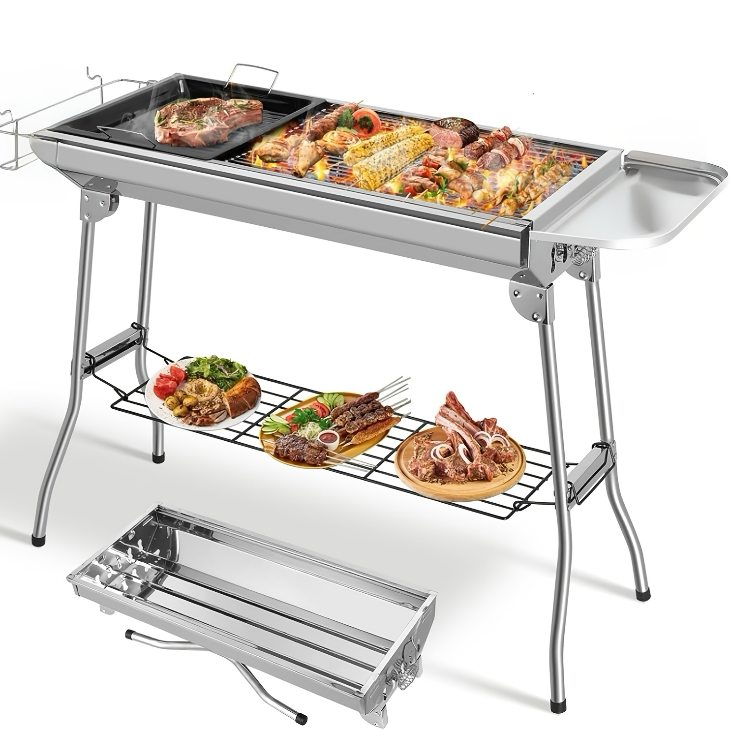 Image of Xxl Charcoal Grill, 118 * 33 * 72cm, Folding Grill, Camping Grill, Picnic Grill, Made Of Stainless Steel, Grill With Pan, Storage Basket & Storage Plate, For 5 People, Complete Accessories