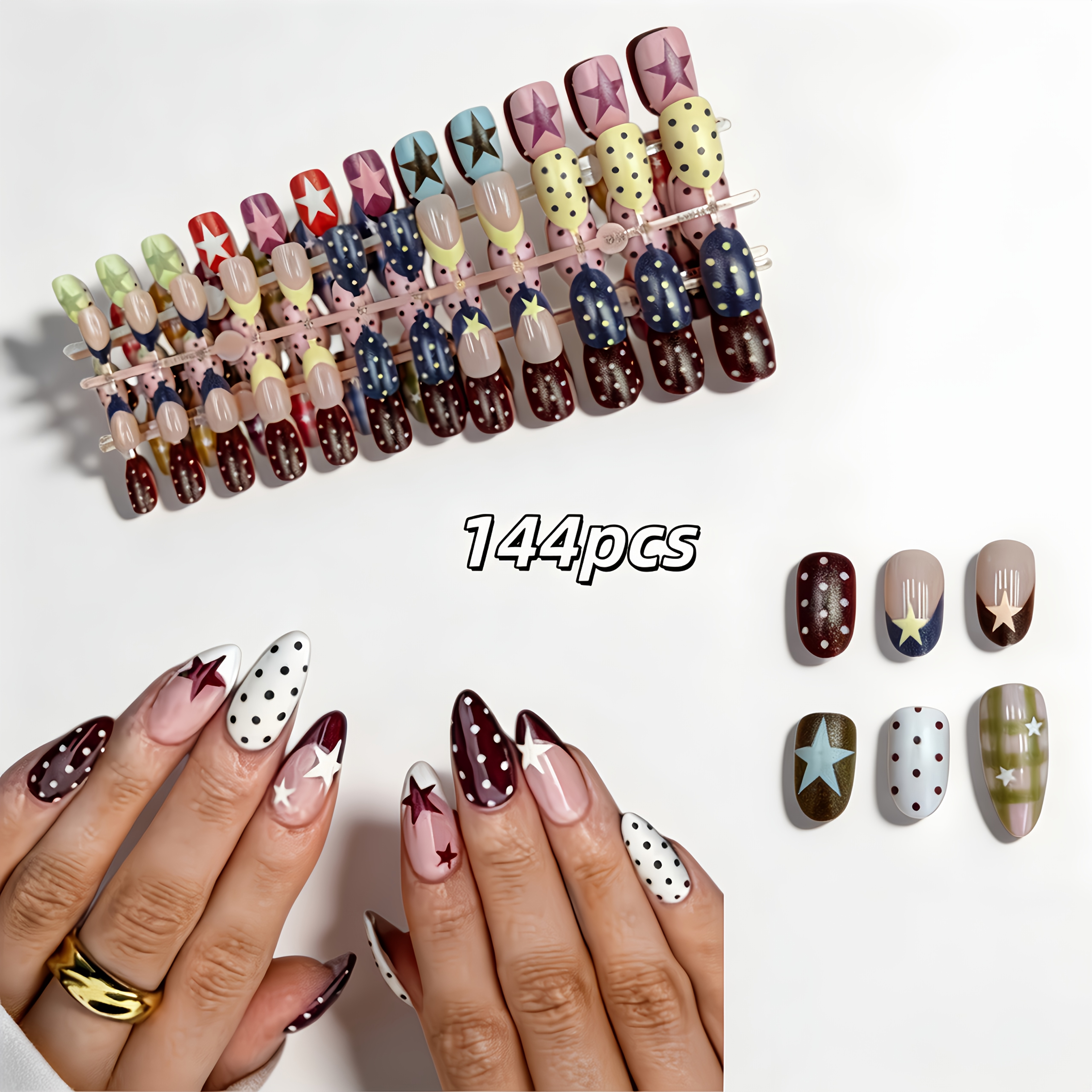 TEMU 144pcs Medium Almond Press-on Nails Fake, French Gel Nail Tips, Polka Dots, Stripe & 3d Three-dimensional Rhinestone Decor Design Full Cover