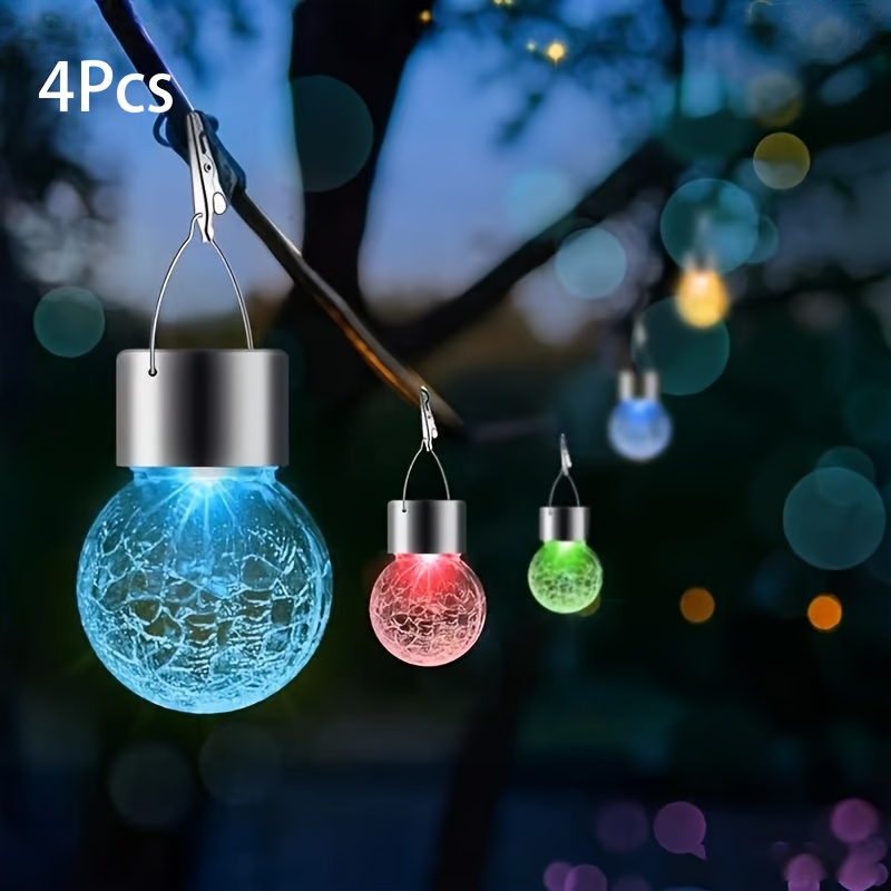 Image of Solar Cracked Glass Ball Pendant Light With Hooks And Clips, Outdoor Led Lantern For Courtyard Garden Fence Decoration, Solar Hanging Lamp For Christmas & Halloween Festive Decorations