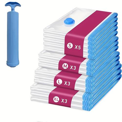 item picture 15pcs vacuum compression bags with pump in different sizes including 5 small sizes 3 medium sizes 3 large sizes extra large sizes with pump suitable for use in blankets down comforters pillows quilts travel moving etc