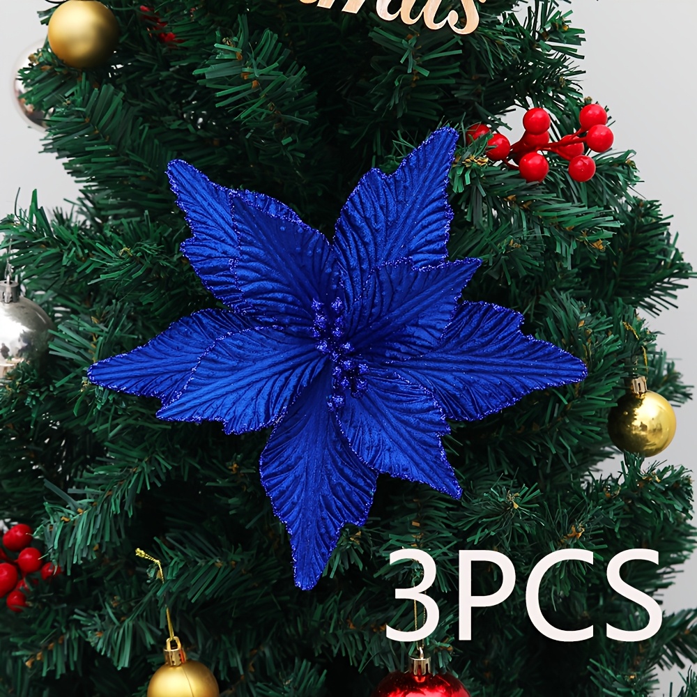 TEMU 3pcs Large Glitter Poinsettia Flowers With Stems - Realistic Fabric Artificial Poinsettias Suitable For Christmas Tree Ornaments, Diy Wreaths,